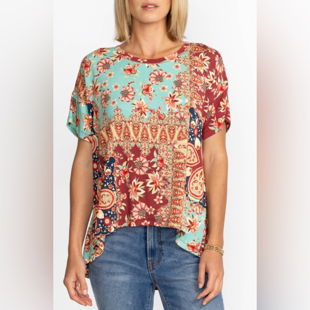 EUC Johnny Was Small Floral Thena Box Pleat Swing Short Sleeve Tee.